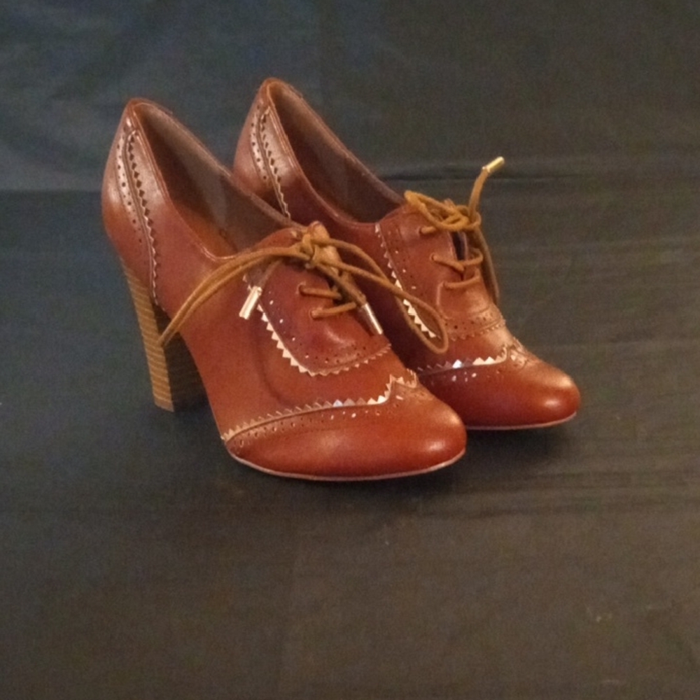Jolimall Reddish Brown Faux Leather Oxford lace Up  Heels with Brogue Detailing